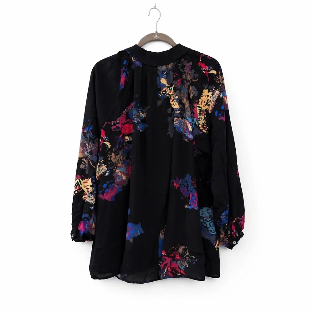 FREE PEOPLE Meadow Lark Black Floral Oversized Tunic Blouse 100% Rayon S-L - Picture 2 of 5